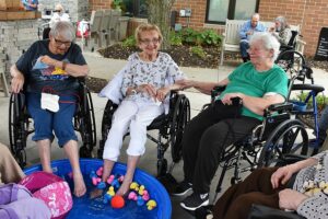 Women cooling off by putting feet in small pool